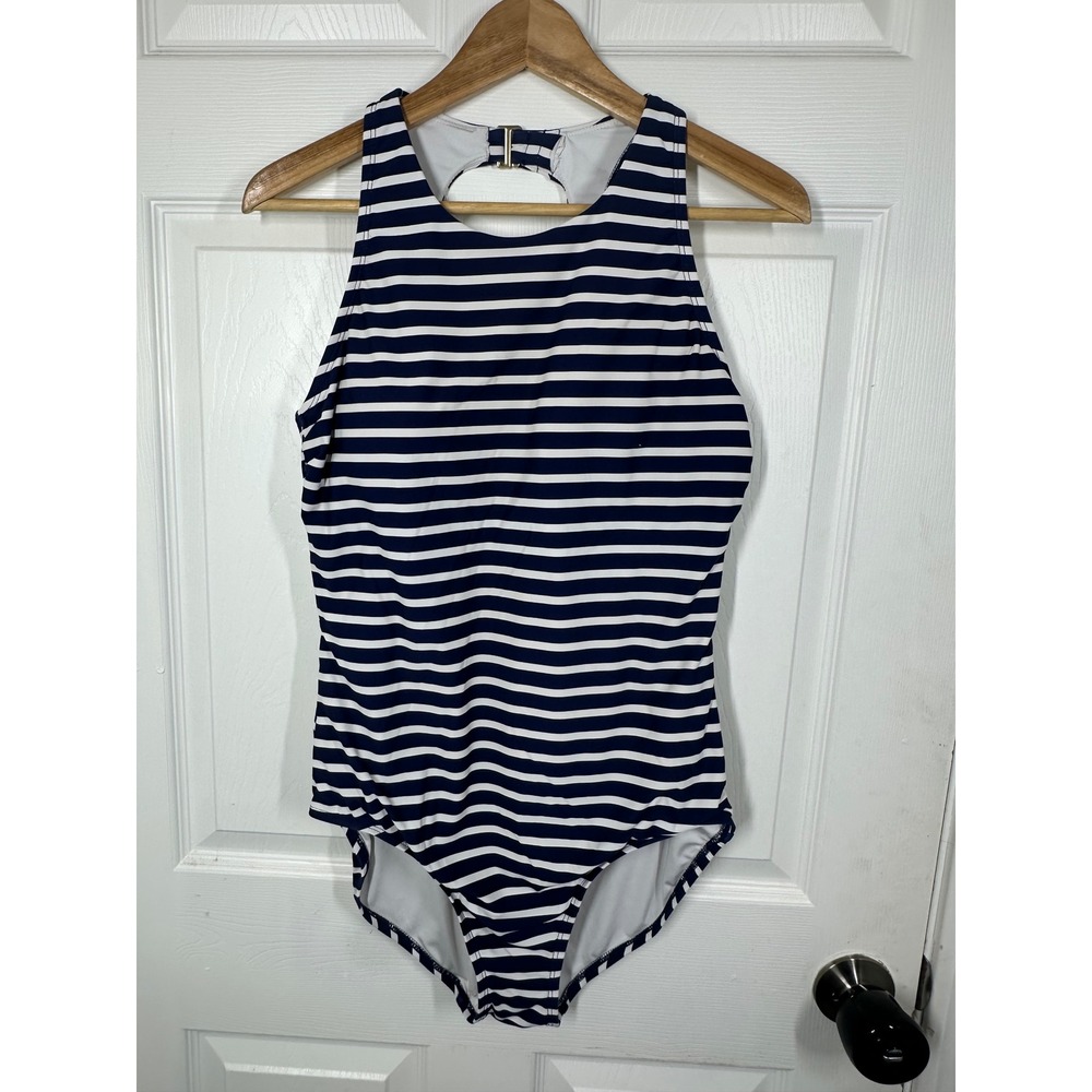 Lands' End Swimsuit Women L Blue Striped One Piece High Neck Keyhole Back 7326